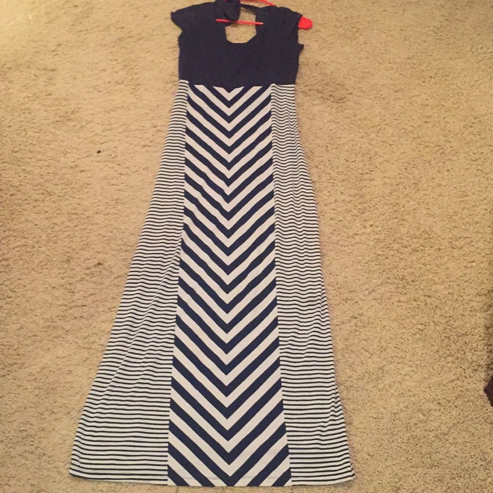Chevon pattern navy and white maxi dress